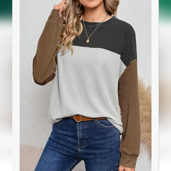 Color Block Long Sleeve Crewneck Knitted Pullover Drop Shoulder Top - NWOT - Picture 2 of 3